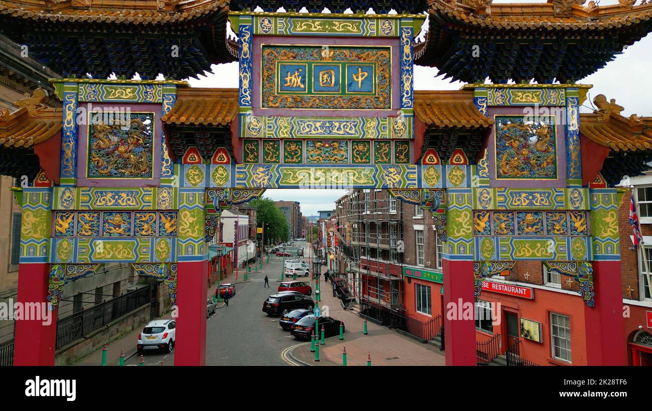 Chinese Gate in the city of Liverpool - aerial view - LIVERPOOL, UK - AUGUST 16, 2022 Stock Photo