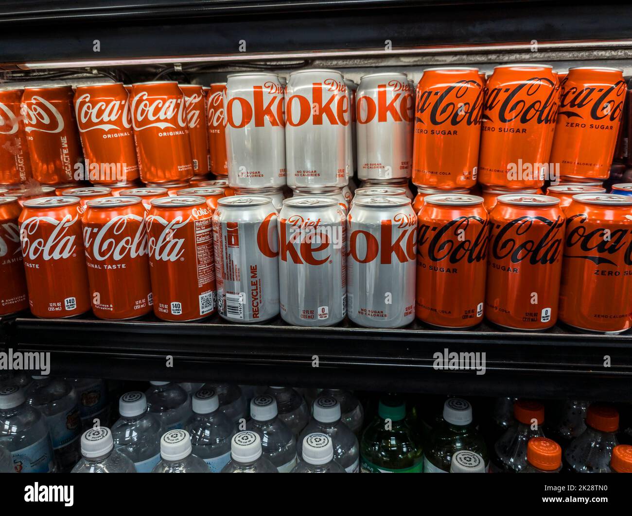 Diet Coca-Cola next to Coke Zero Sugar and Original Coke  cans in a supermarket in New York on Wednesday, September 14, 2022. (© Richard B. Levine) Stock Photo