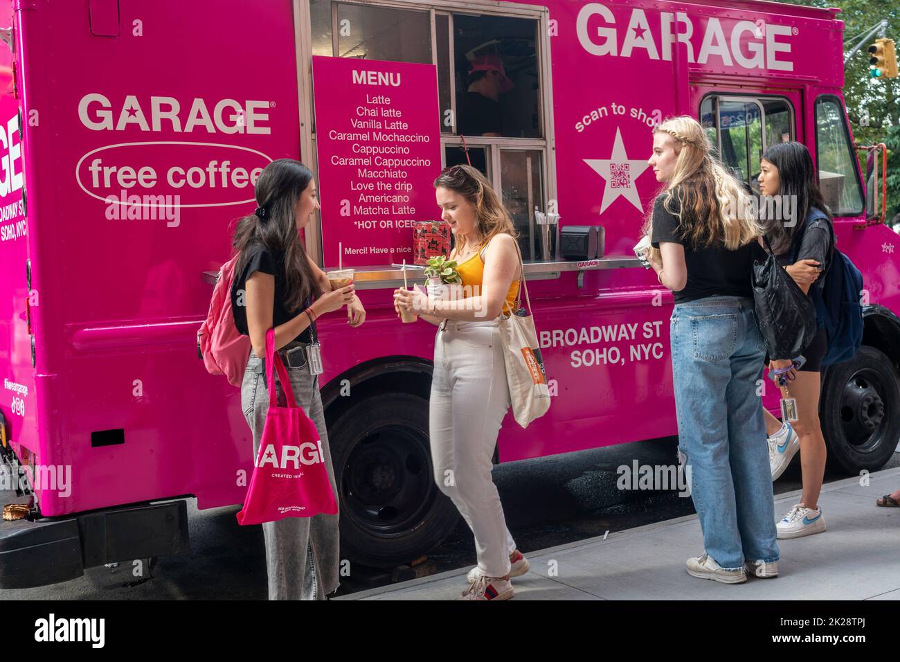 A food truck as a brand activation for Garage, a fast fashion womenswear company, gives away free coffee drinks outside of NYU in Greenwich Village in New York on Thursday, September 8, 2022. (© Richard B. Levine) Stock Photo