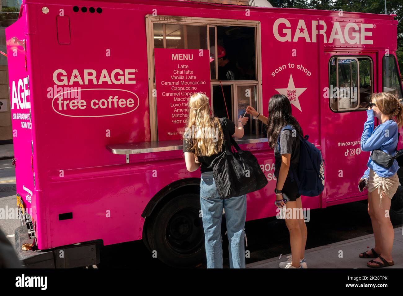 A food truck as a brand activation for Garage, a fast fashion womenswear company, gives away free coffee drinks outside of NYU in Greenwich Village in New York on Thursday, September 8, 2022. (© Richard B. Levine) Stock Photo