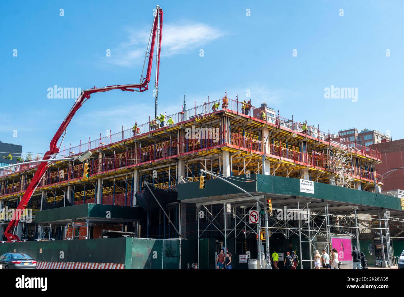 Concrete pumping at the construction of senior affordable housing, replacing the John Q. Aymar building, in Chelsea in New York on Monday, September 19, 2022. (© Richard B. Levine) Stock Photo