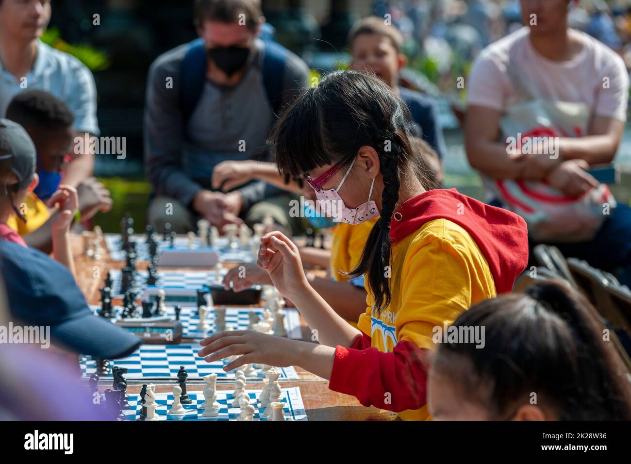 Chess players compete in the 21st Annual Chess-in-the-Parks Rapid Open on Bethesda Terrace in Central Park in New York on Saturday, September 17, 2022. Over 600 chess players of all skill sets and ages competed. (© Richard B. Levine) Stock Photo