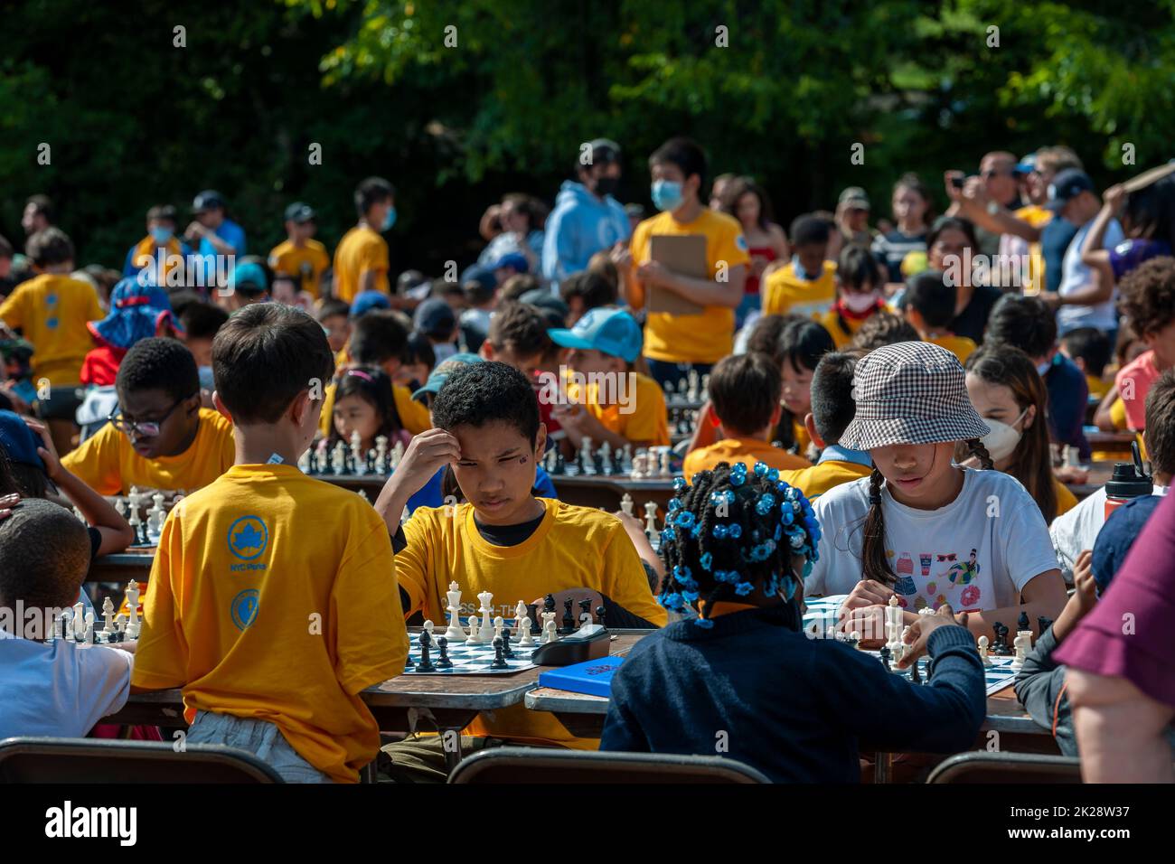 Chess players compete in the 21st Annual Chess-in-the-Parks Rapid Open on Bethesda Terrace in Central Park in New York on Saturday, September 17, 2022. Over 600 chess players of all skill sets and ages competed. (© Richard B. Levine) Stock Photo
