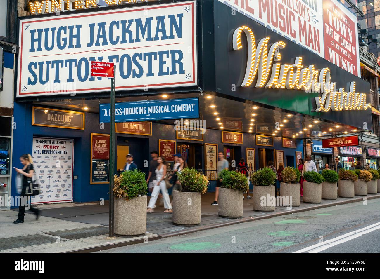 The marquee of the Winter Garden Theatre in New York is decorated promoting stars Hugh Jackman and Sutton Foster in the production of Meredith WillsonÕs The Music Man musical on Wednesday, September 14, 2022. The producers announced that the show will end its run on January 1, 2023. (© Richard B. Levine) Stock Photo