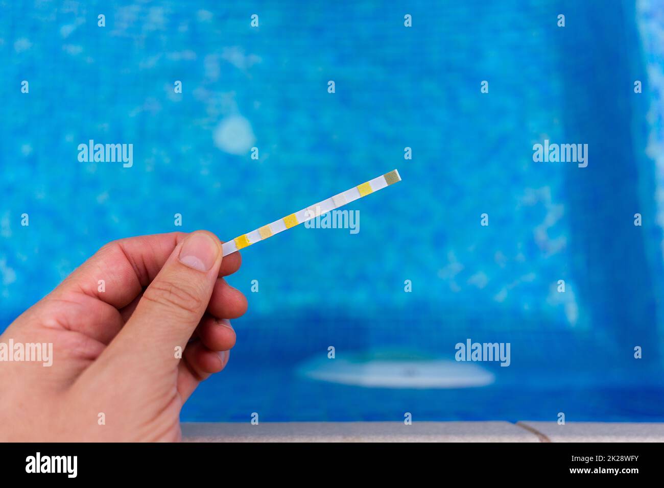 Hand with measuring pool strips to check water quality in a swimming