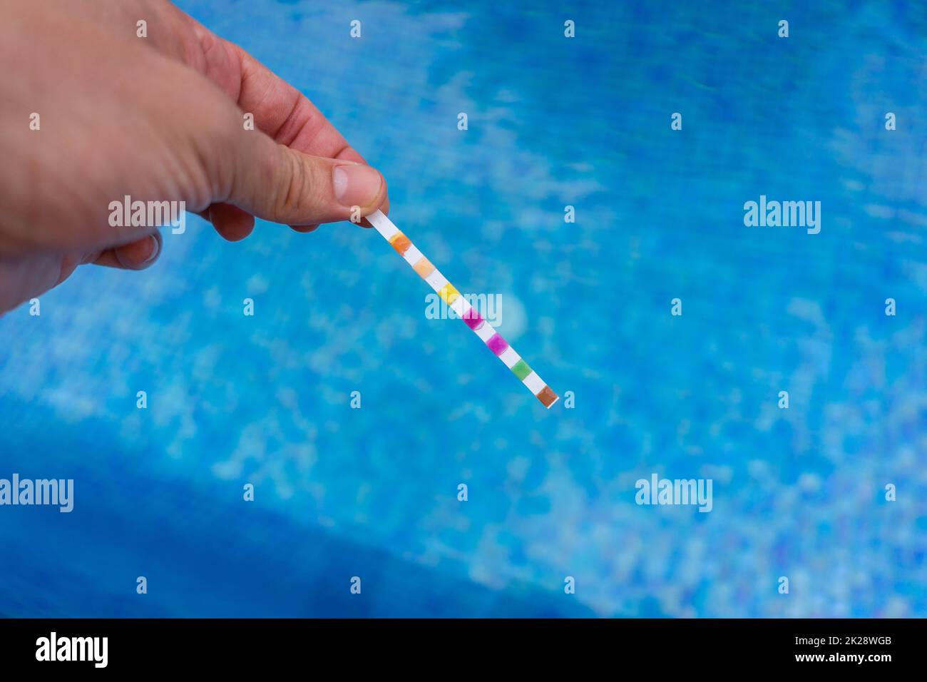 Hand with measuring pool strips to check water quality in a swimming ...