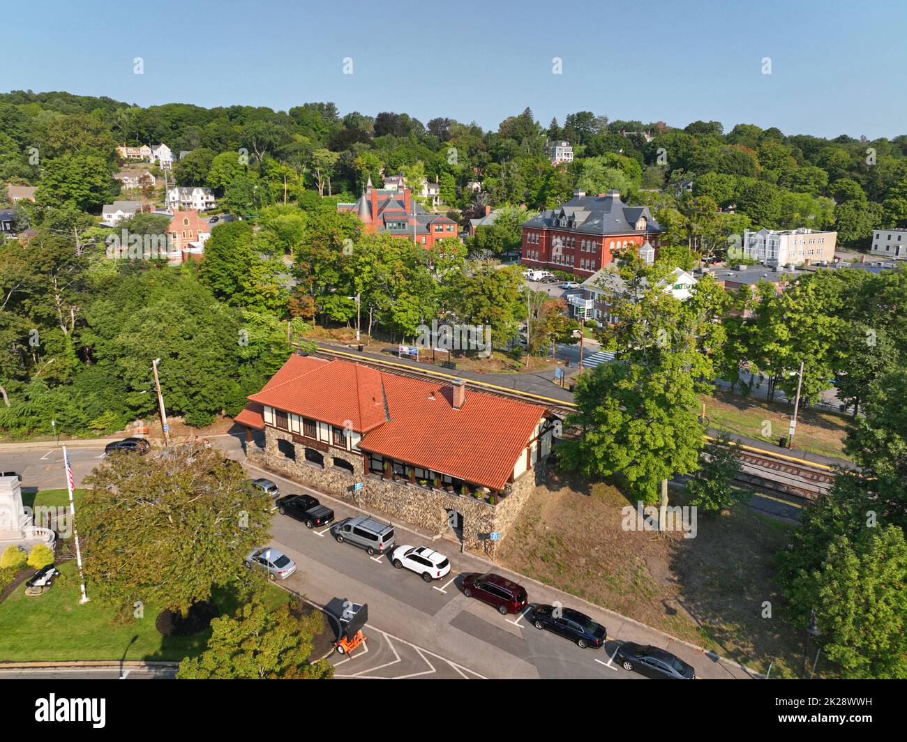 Belmont Train Station aerial view in historic town center of Belmont, Massachusetts MA, USA. Stock Photo
