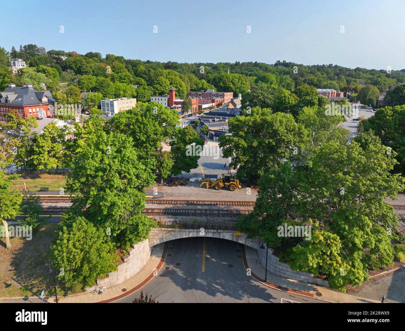 Belmont railroad bridge across Concord Avenue aerial view in historic town center of Belmont, Massachusetts MA, USA. Stock Photo