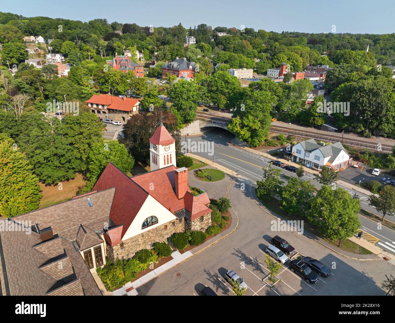 The First Church in Belmont Unitarian Universalist aerial view at 404 Concord Avenue in historic town center of Belmont, Massachusetts MA, USA. Stock Photo