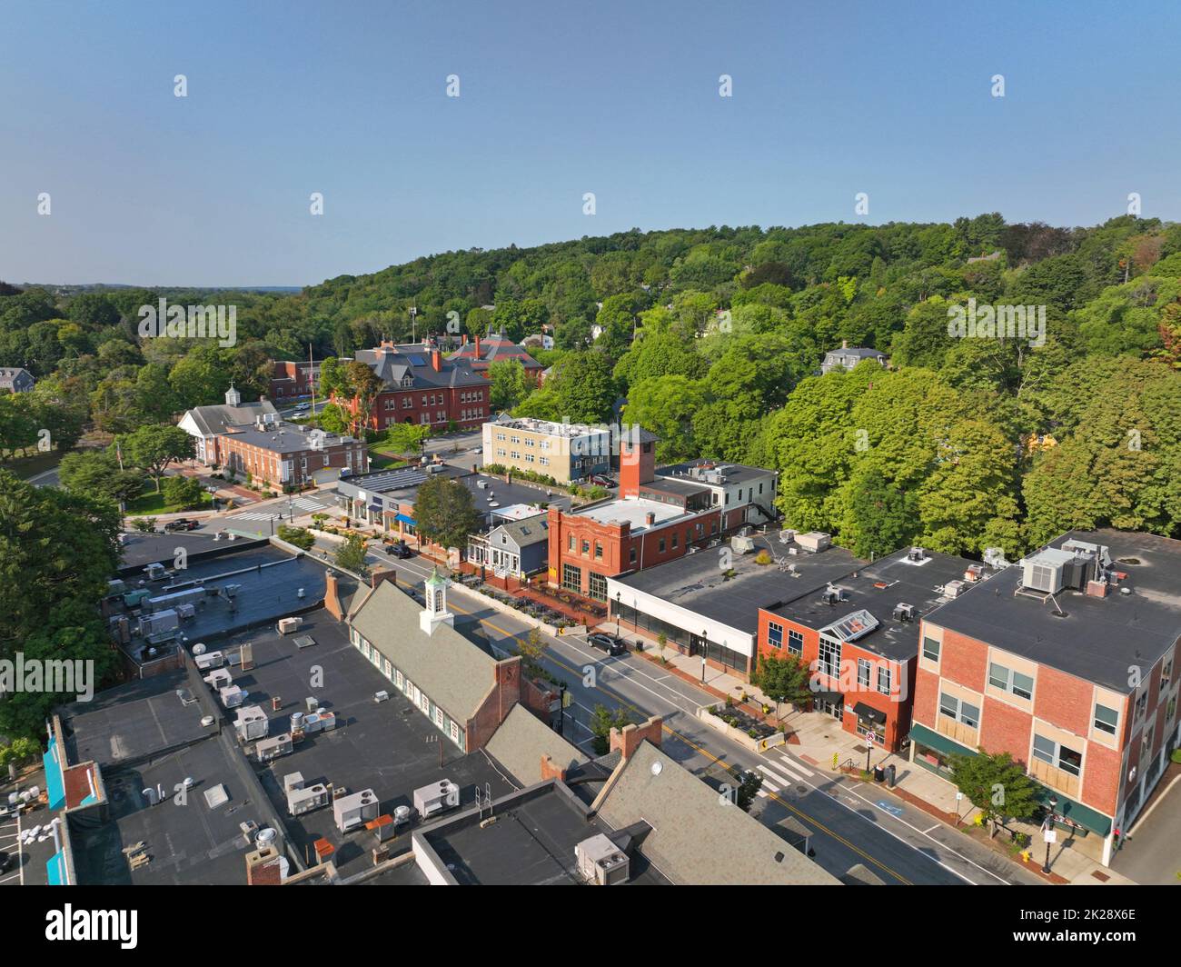 Belmont commercial center Leonard Street aerial view in historic center of Belmont, Massachusetts MA, USA. Stock Photo