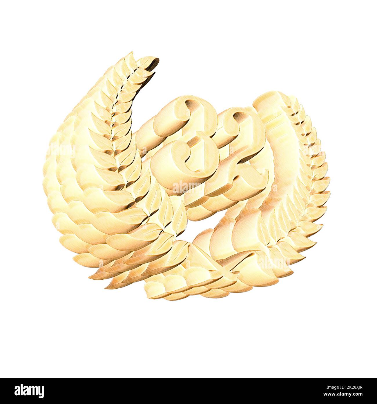 Number 32 with laurel wreath or honor wreath as a 3D-illustration, 3D-rendering Stock Photo