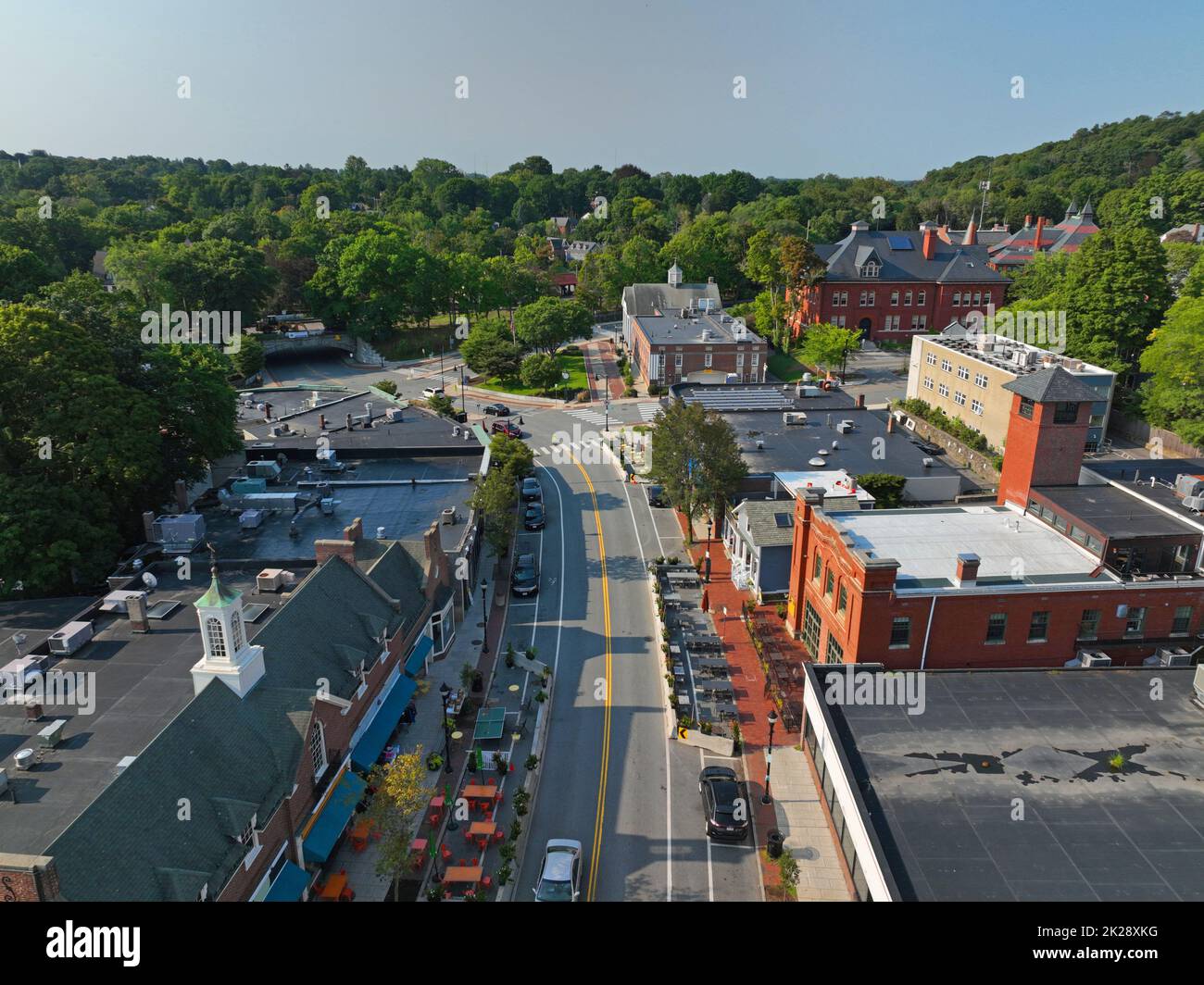 Belmont commercial center Leonard Street aerial view in historic center