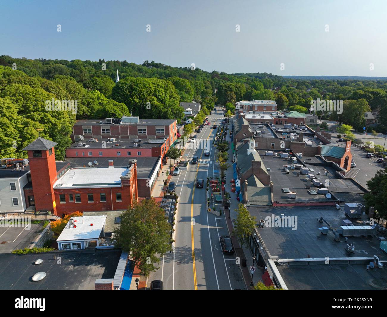 Belmont commercial center Leonard Street aerial view in historic center