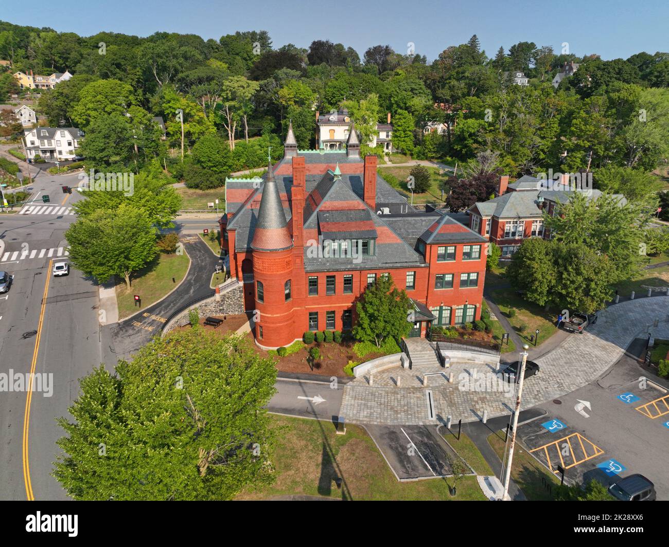 Belmont Town Hall building aerial view at 455 Concord Avenue in historic town center in Belmont, Massachusetts MA, USA. Stock Photo