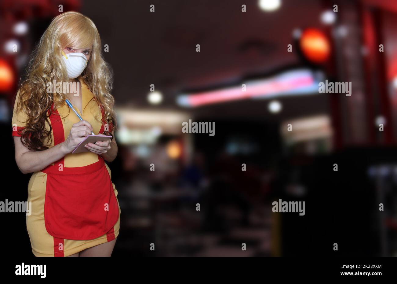 Waitress With Face Mask and Restaurant Background Stock Photo - Alamy