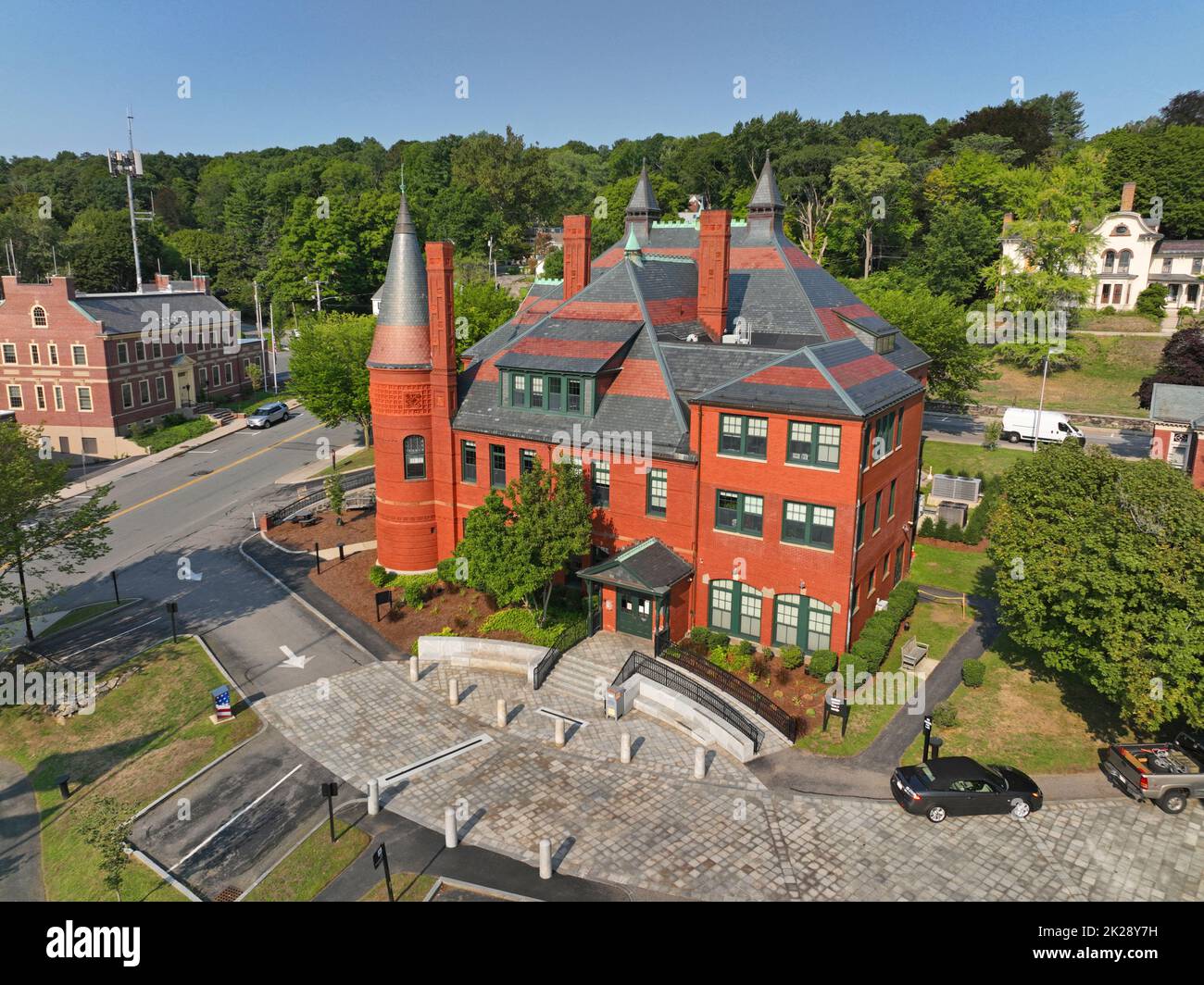 Belmont Town Hall building aerial view at 455 Concord Avenue in historic town center in Belmont, Massachusetts MA, USA. Stock Photo