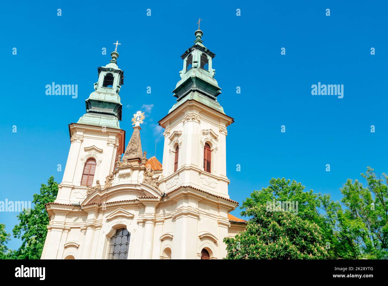 Two steeples of The Church of St. Jan Nepomucky at Skalka. Prague, Czech Republic Stock Photo