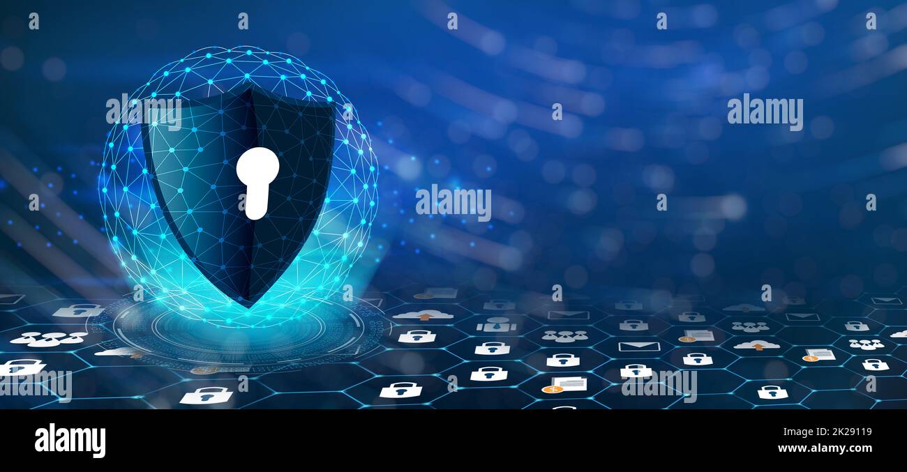 Vector blue shield Business concept of data protection Blue shield  blue background Stock Photo