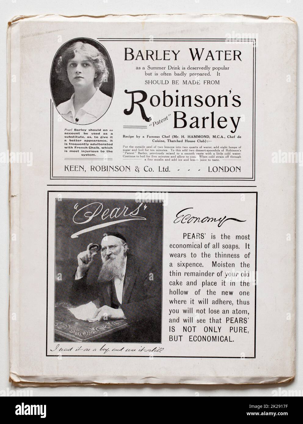 Old adverts for Robinsons Barley Water and Pears Soap from inside The Connoisseur Magazine Stock Photo