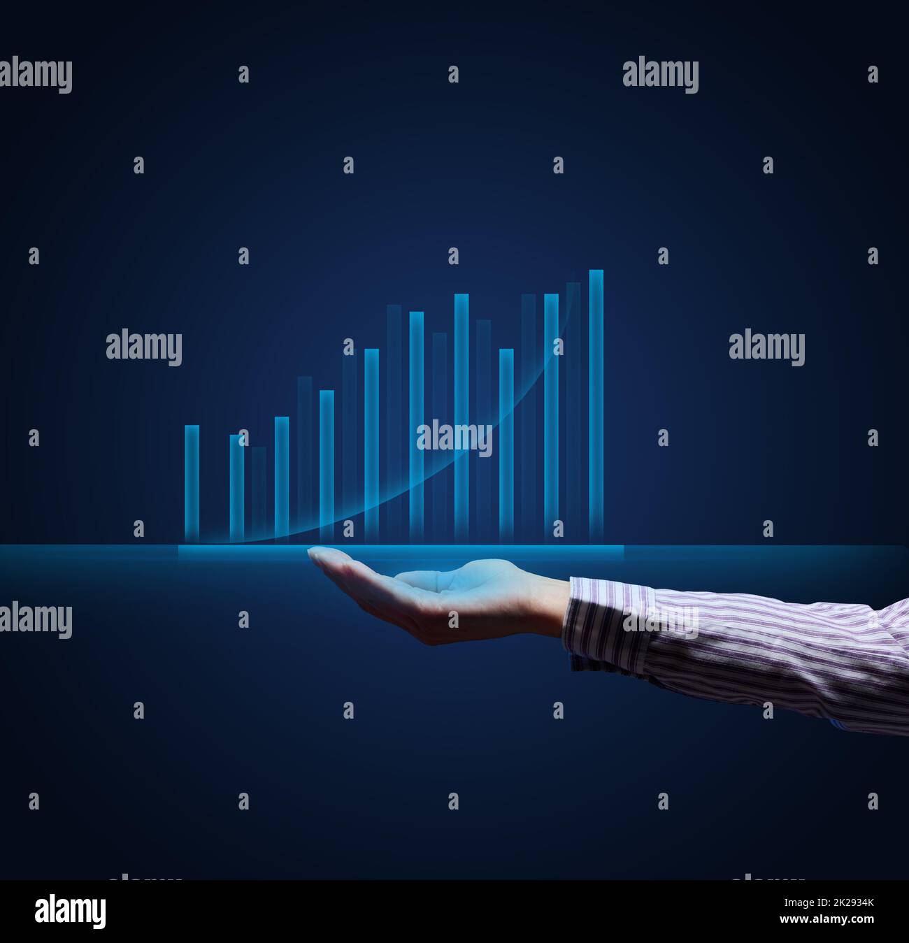 holographic graph with growing indicators and a woman's hand. Business