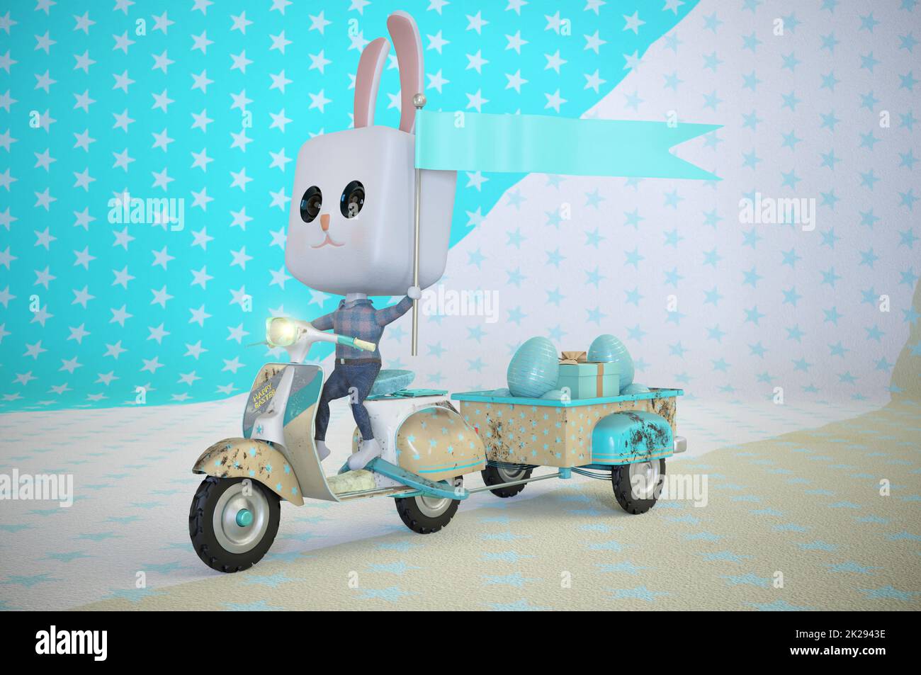 3d illustration. Easter bunny Rabbit riding a scooter . Stock Photo