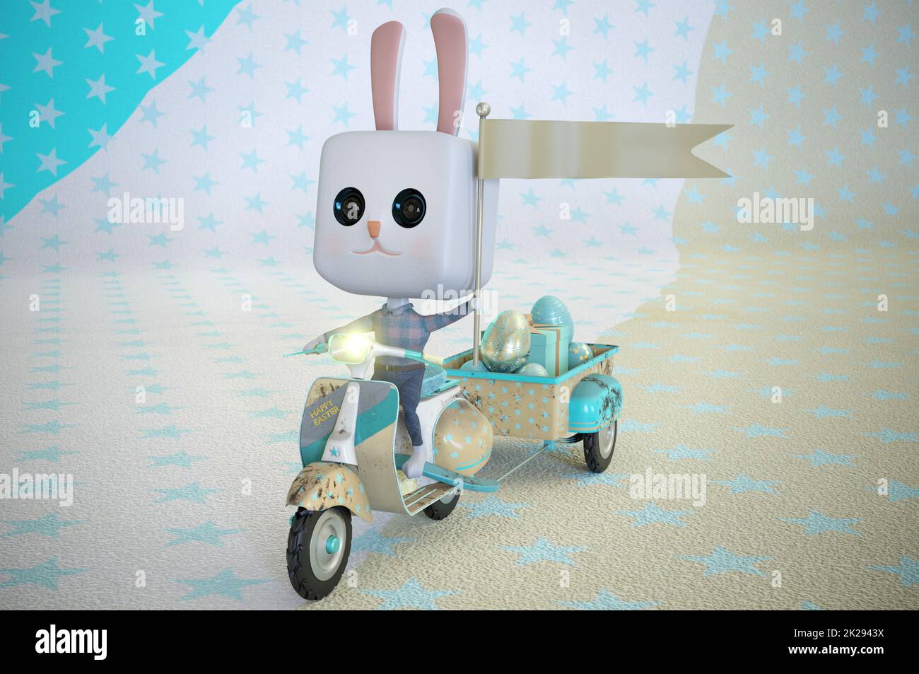 3d illustration. Easter bunny Rabbit riding a scooter . Stock Photo