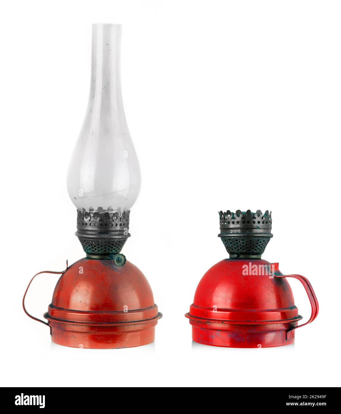 The Old kerosene red lamp isolated over white background Stock Photo