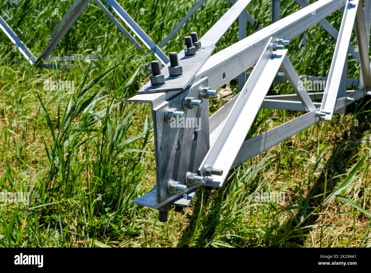 Assembly and installation of new support of a power line Stock Photo