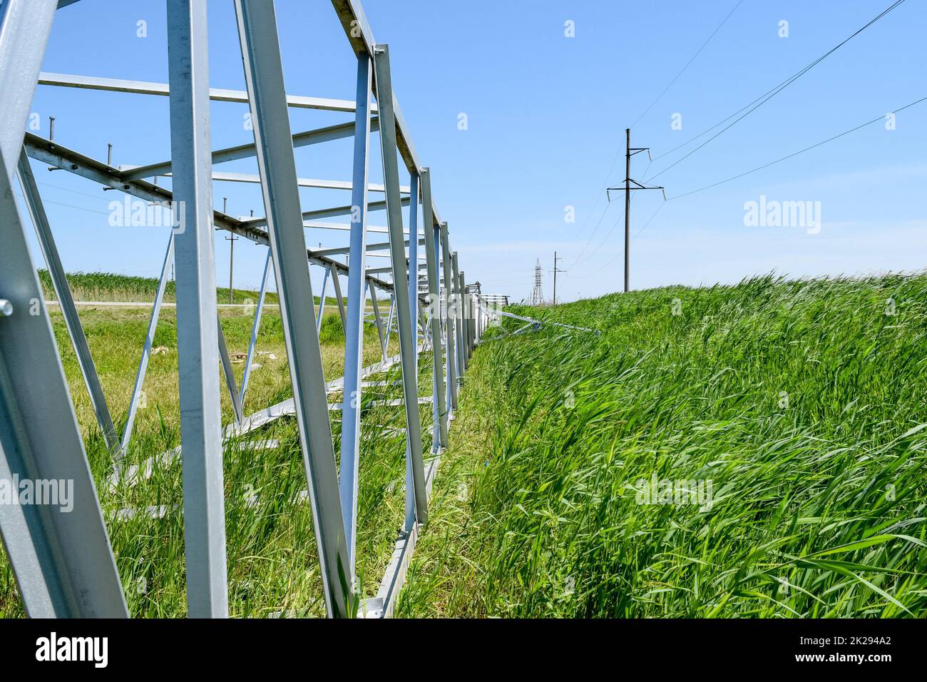 Assembly and installation of new support of a power line Stock Photo