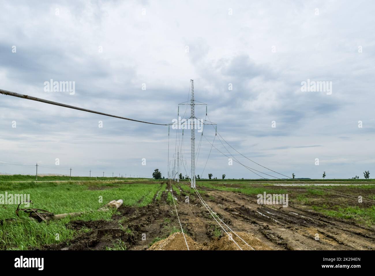 Assembly and installation of new support of a power line Stock Photo