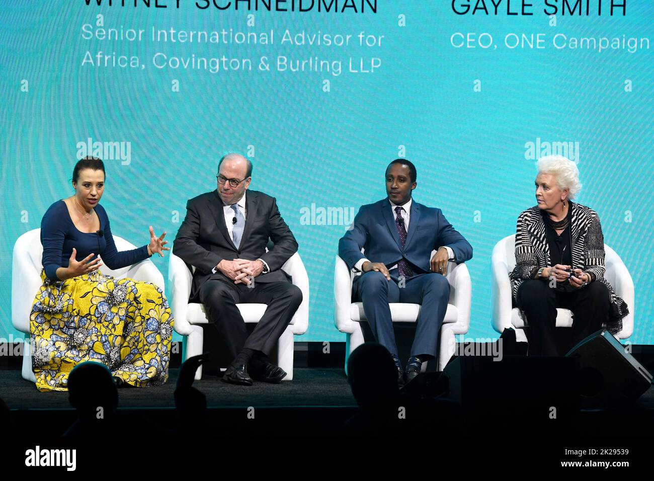 09/19/2022 New York, New York Aubrey Hruby, Witney Schneidman, Aymeric Saha and Gayle Smith speak onstage at The Unstoppable Africa Conference, held at Cipriani 42nd Street in New York City, Monday, September 19, 2022. Photo by Jennifer Graylock-Graylock.com 917-519-7666 Stock Photo