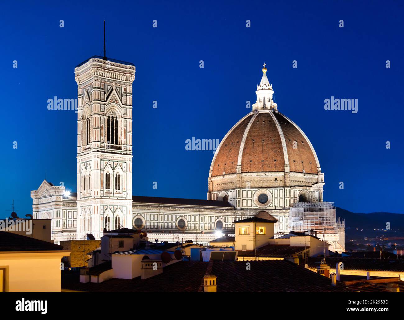 Florence Duomo and Campanile - Bell Tower - architecture illuminated by night, Italy. Urban scene in exterior - nobody. Stock Photo