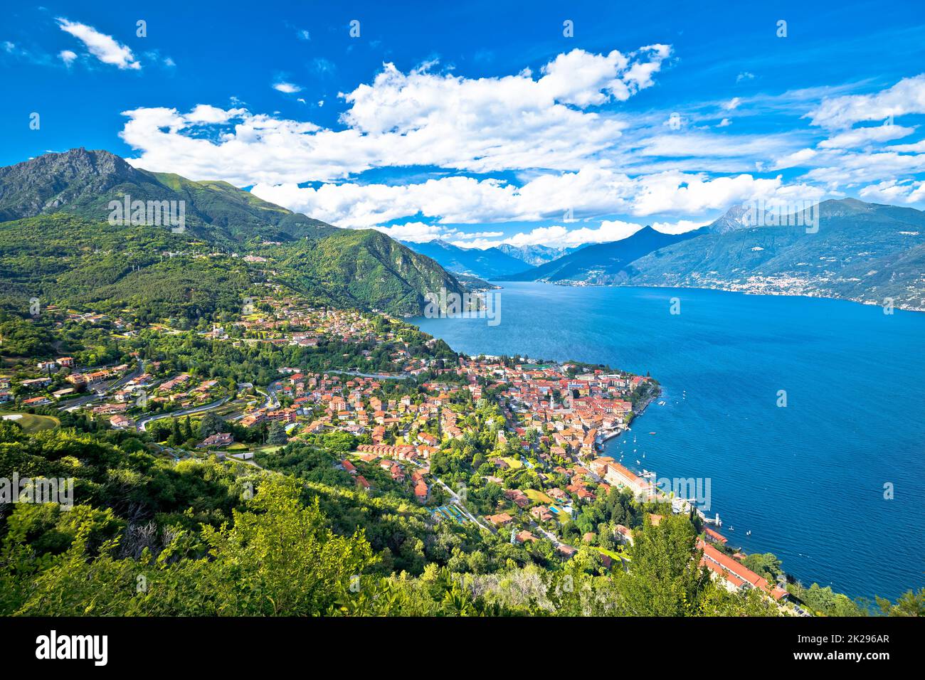 Menaggio, Como Lake. Panoramic aerial view of Como Lake scenery above town of Menaggio Stock Photo