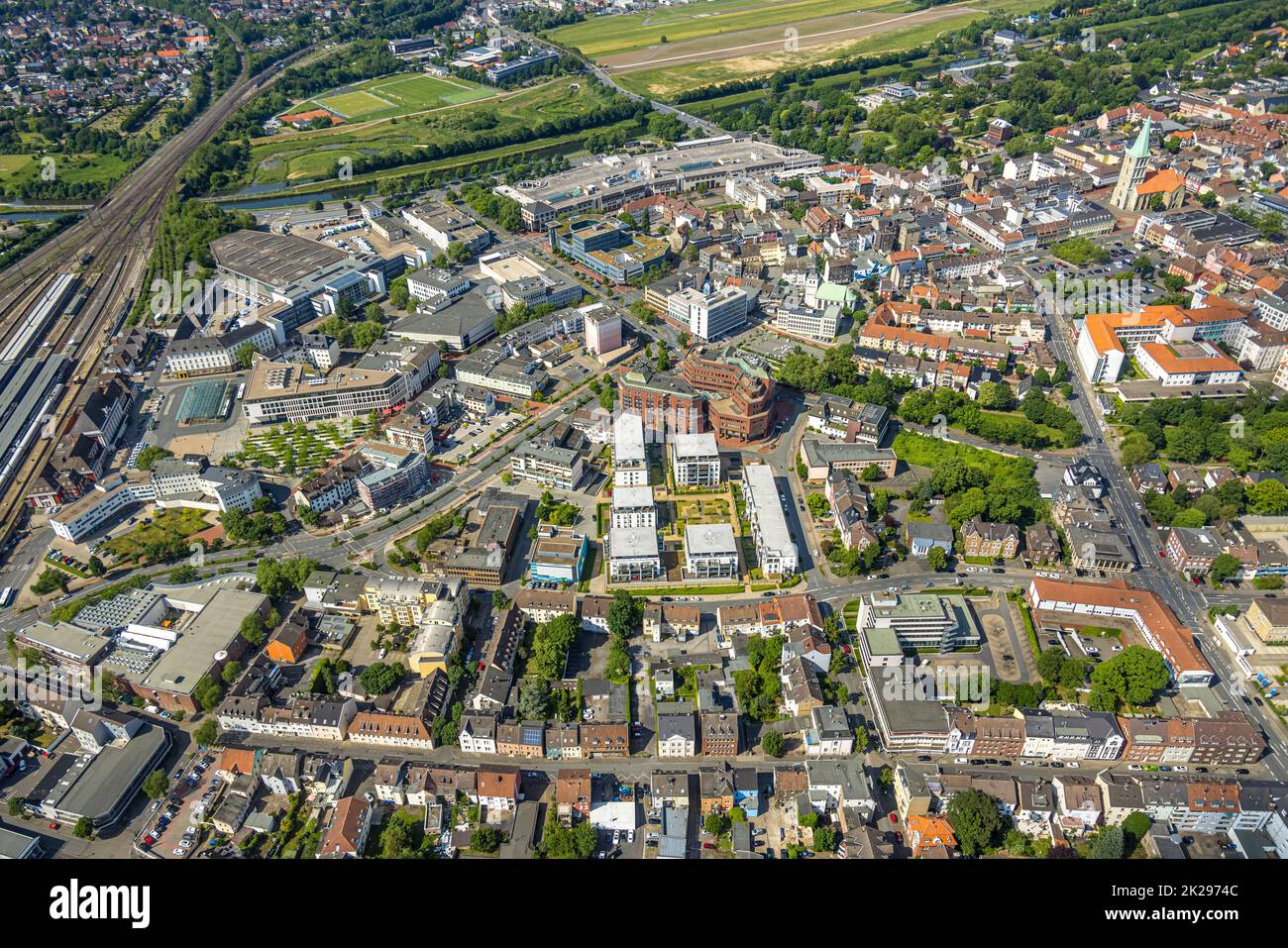 Aerial view, block Friedrichstraße, City with Platz der Deutschen Einheit, evang. Pauluskirche, Allee-Center and Südring-Center, SRH Hochschule in Nor Stock Photo