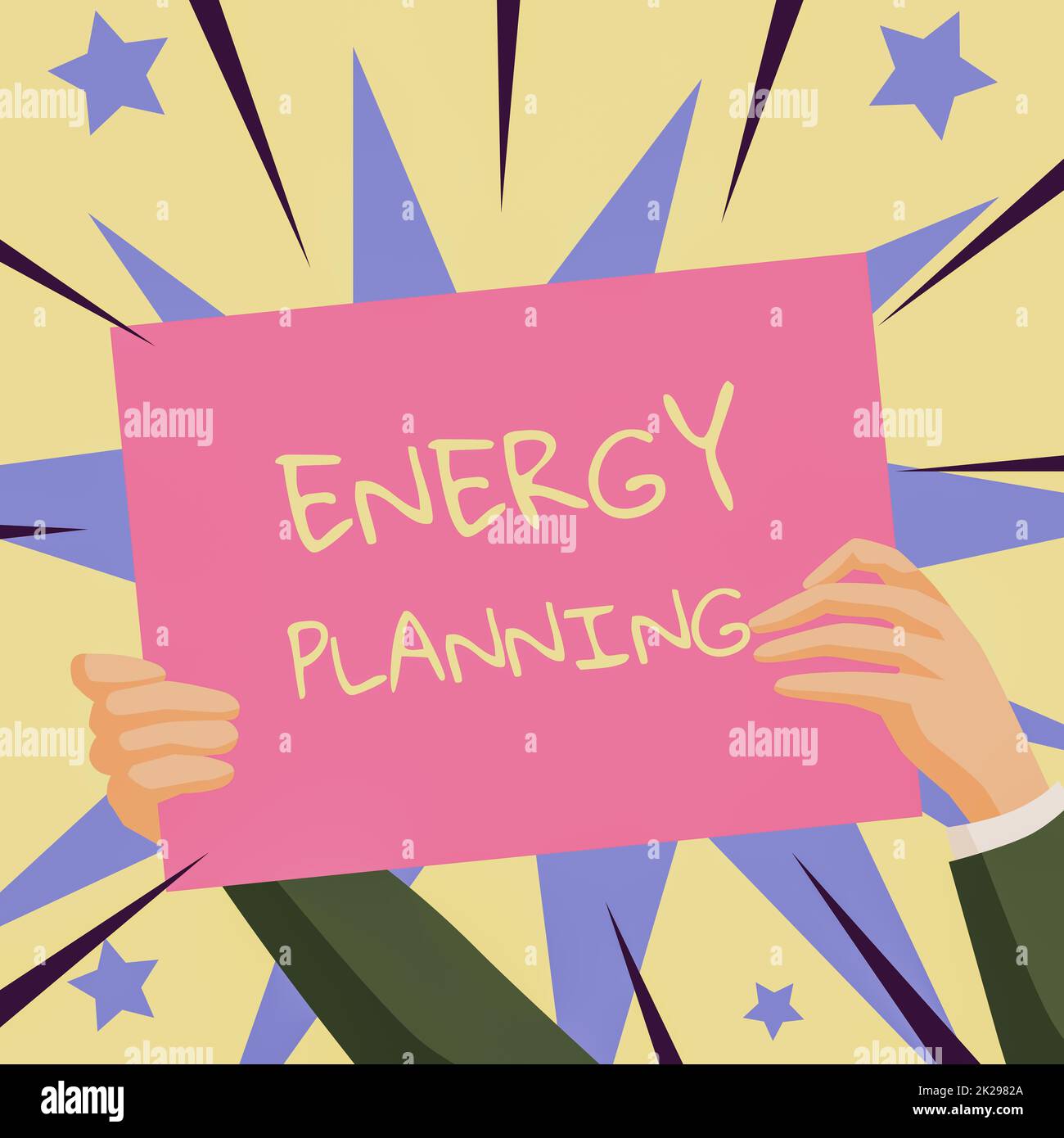 Conceptual display Energy Planning. Word for making of a strategy and plan for the consumption of energy Hands Holding Paper Showing New Ideas Surrounded With Stars. Stock Photo