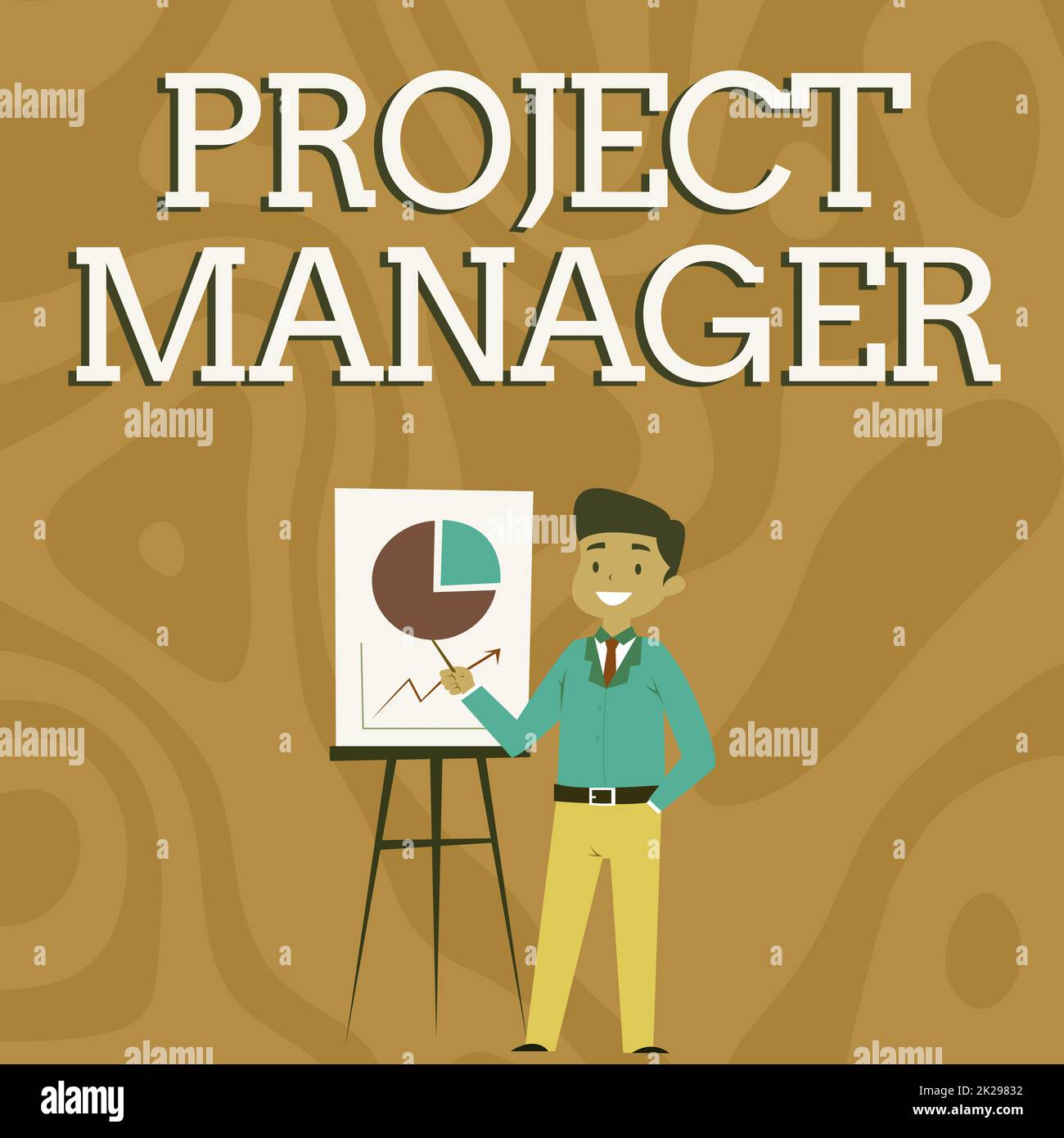 Text showing inspiration Project Manager. Business approach overall charge of the planning and execution of a project Businessman Wearing Casual Standing Presenting Charts And Ideas. Stock Photo
