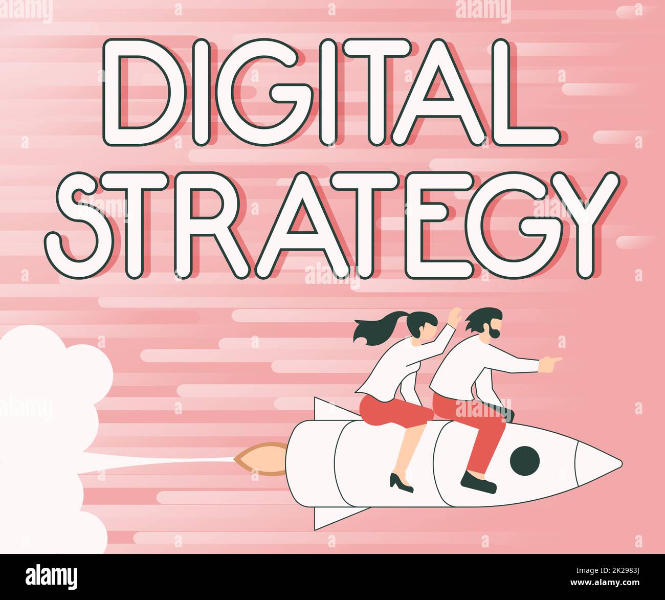 Conceptual display Digital Strategy. Internet Concept plan for maximizing the business benefits of data assets Illustration Of Happy Partners Riding On Rocket Ship Exploring World. Stock Photo