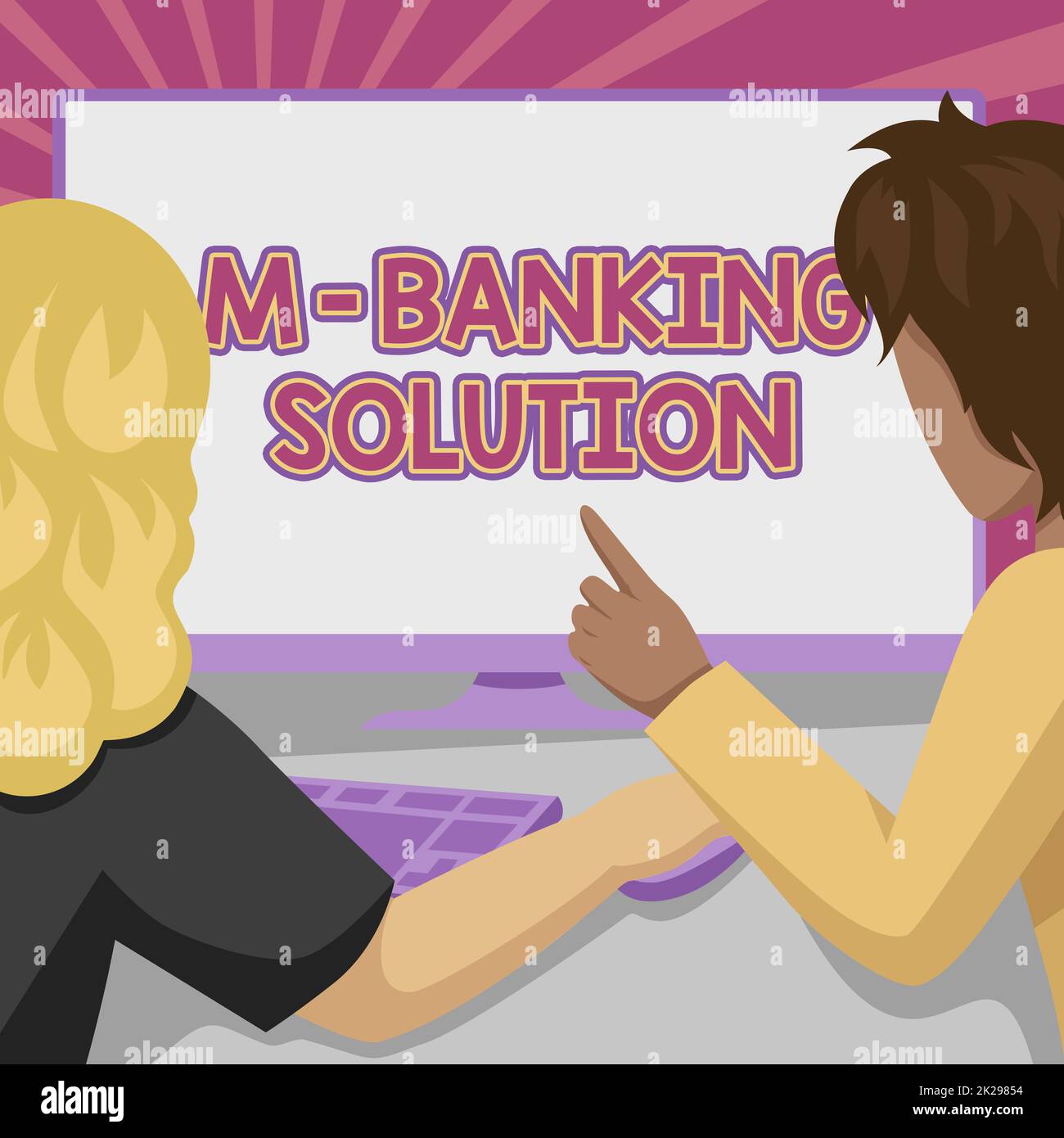Hand writing sign M Banking Solution. Business idea accessed banking through an application on the smartphone Couple Drawing Using Desktop Computer Accomplishing Their Work. Stock Photo