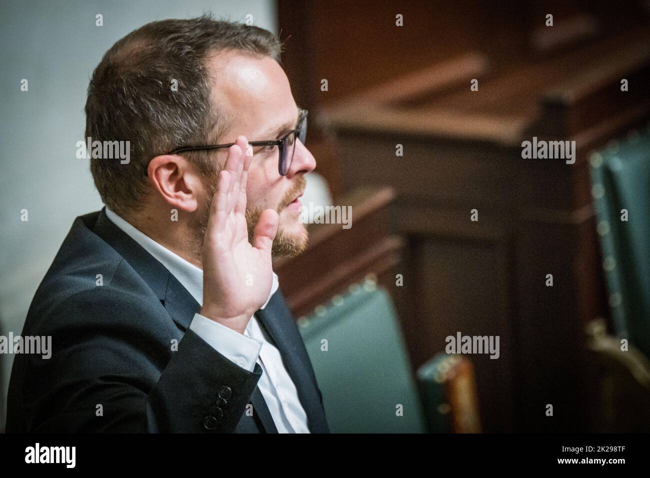 Brussels, Belgium, 22 September 2022. MR's Mathieu Bihet pictured during a plenary session of the Chamber at the Federal Parliament in Brussels, Thursday 22 September 2022. BELGA PHOTO JASPER JACOBS Stock Photo