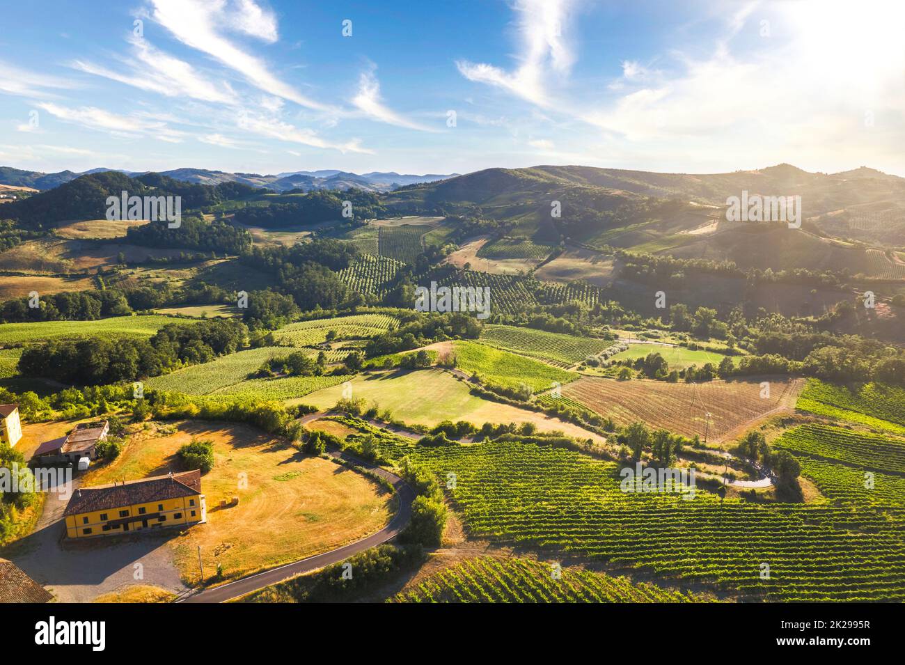 Aerial view of hills in Oltrepo' Pavese covered in vineyards and fields at sunset, Lombardy, Italy Stock Photo
