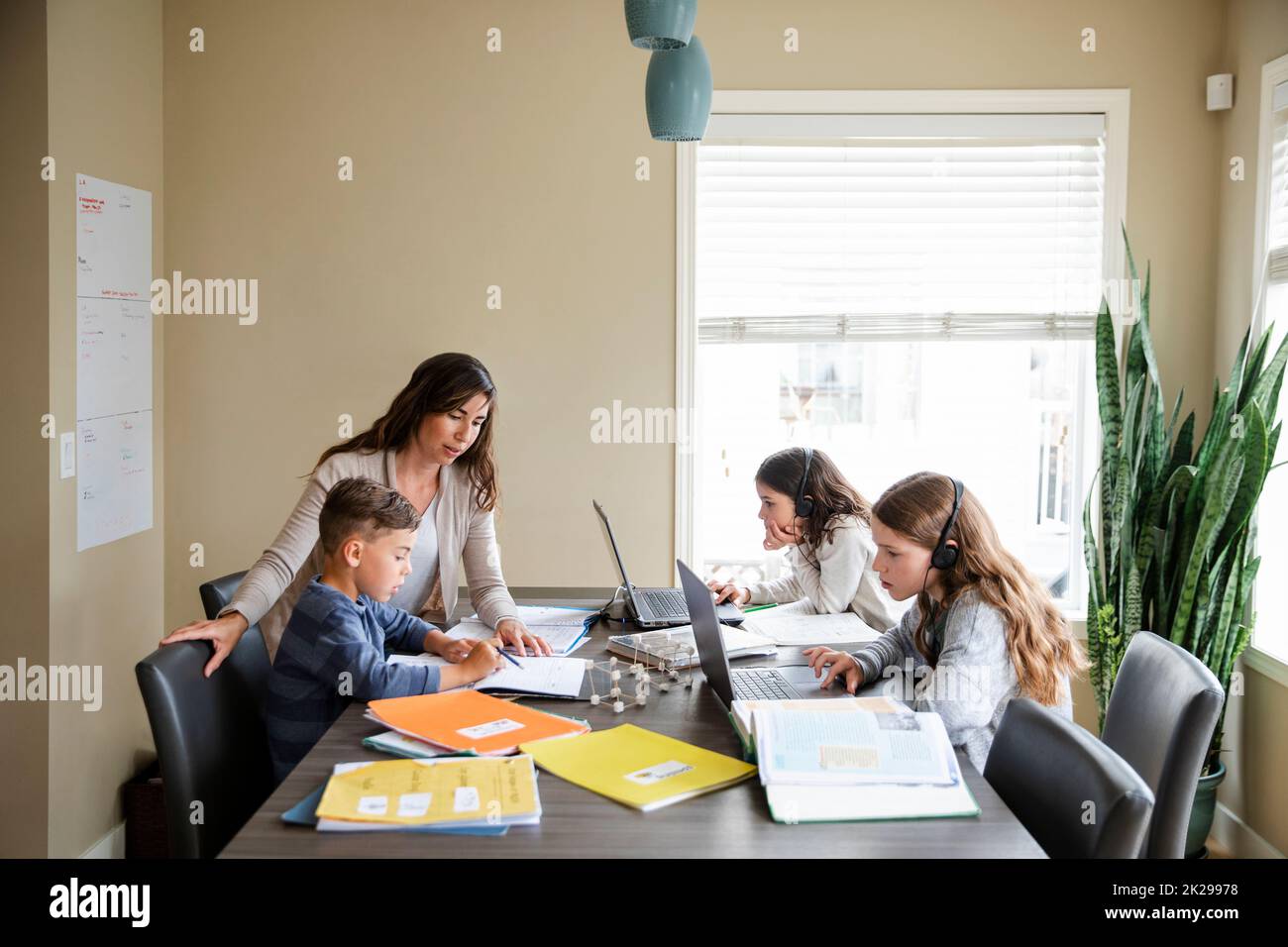 Mother helping children with homework Stock Photo - Alamy