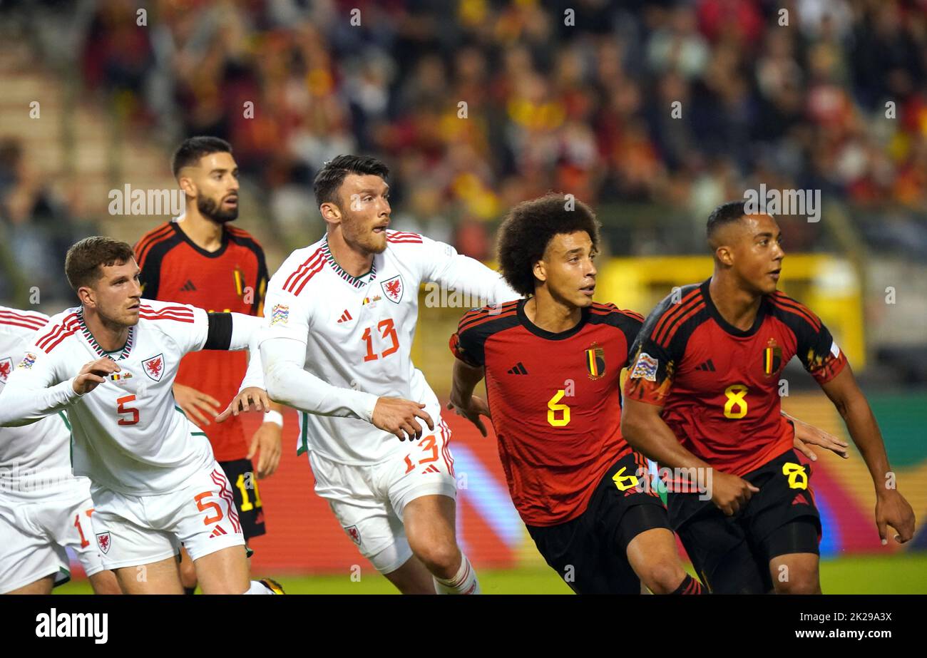 Wales' Kieffer Moore and Belgium's Axel Witsel during a free-kick during the UEFA Nations League Group D Match at King Baudouin Stadium, Brussels. Picture date: Thursday September 22, 2022. Stock Photo