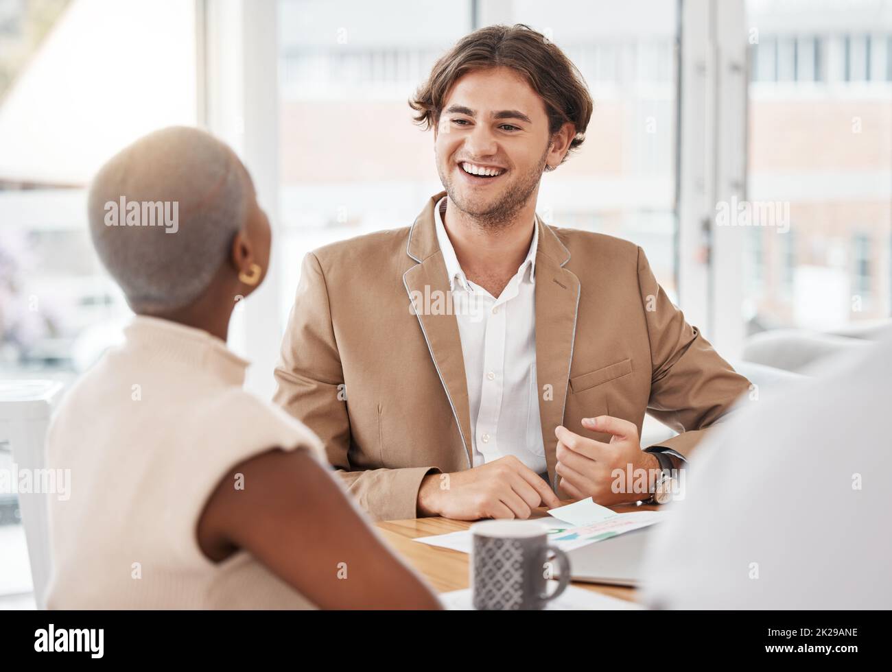 Business people in meeting working on team collaboration, project planning progress review and manager listening in office. Corporate woman and man Stock Photo