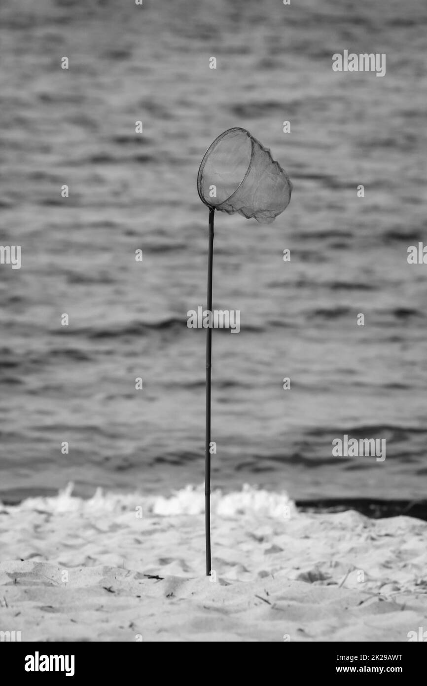 On the beach of the Baltic Sea is a fishing net, a landing net for fish. Stock Photo