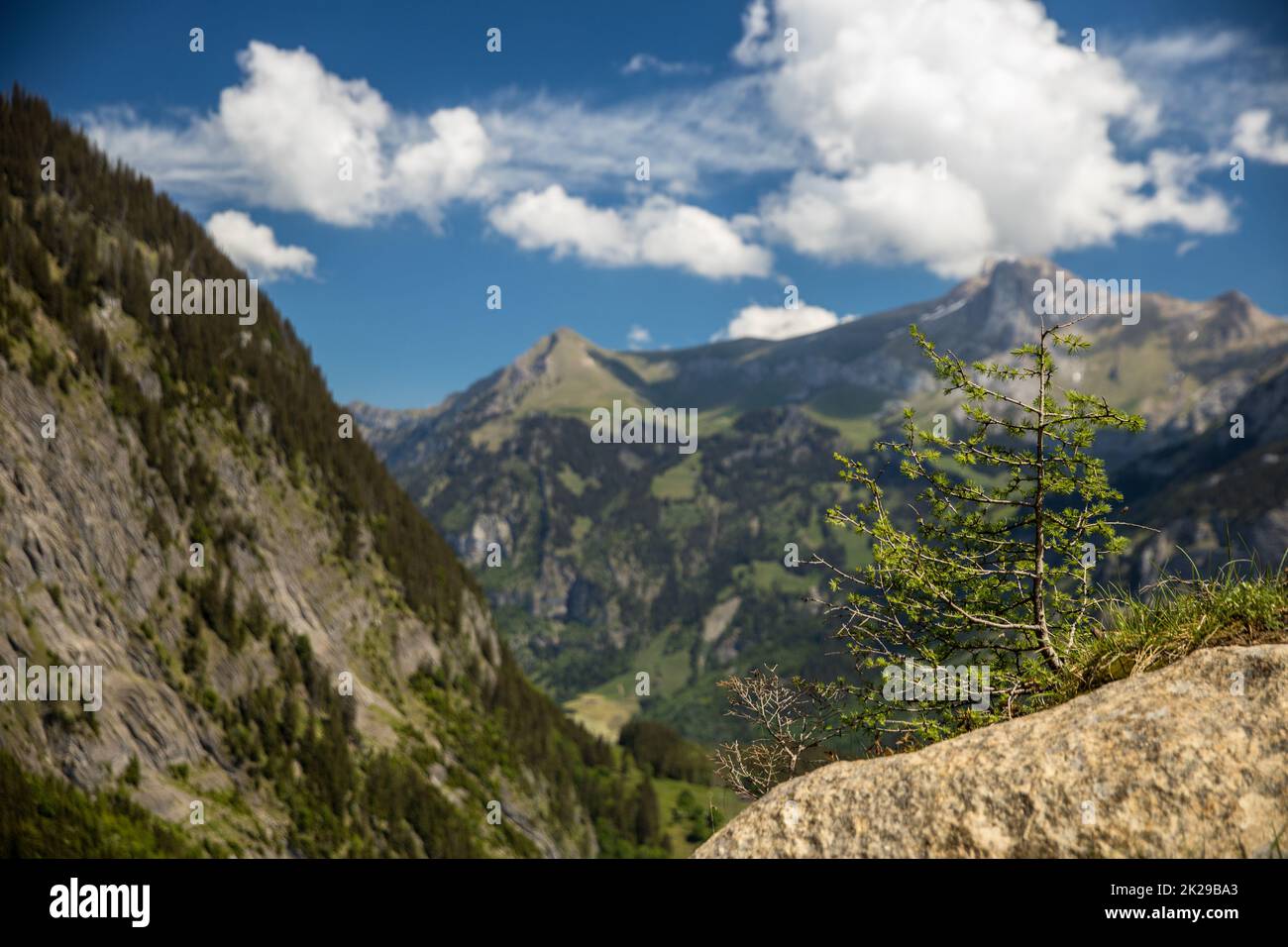 Kandersteg - amazing vacation destination in the Swiss Alps, Switzerland. Couple on a lovely via ferrata Stock Photo