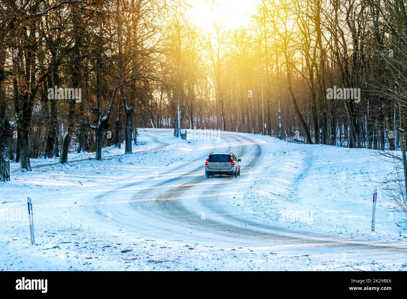 Silver car slowly driving on road along trees forest Stock Photo