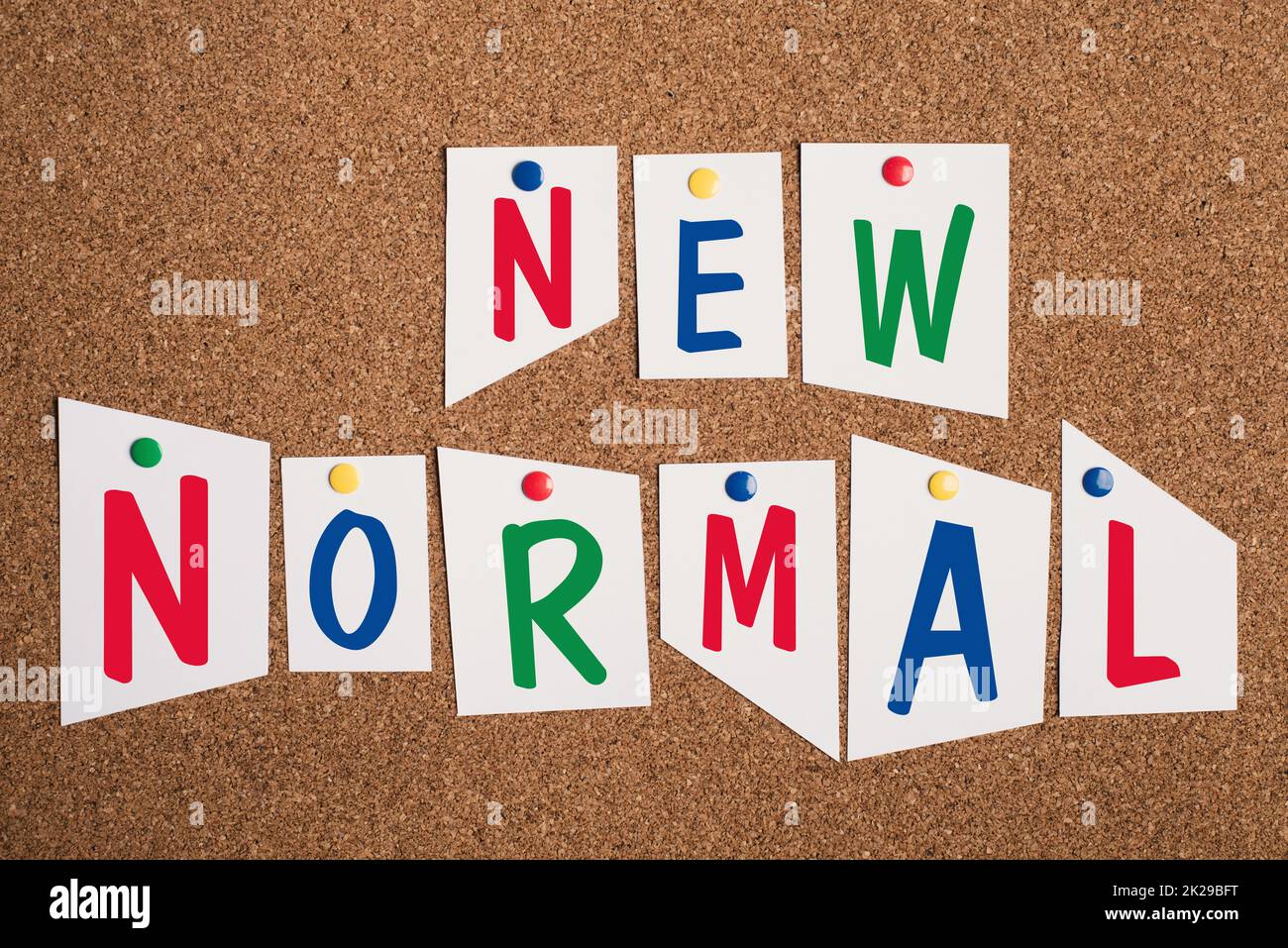 The words new normal are standing in colorful letters on pinned paper, changing world, different points of view Stock Photo