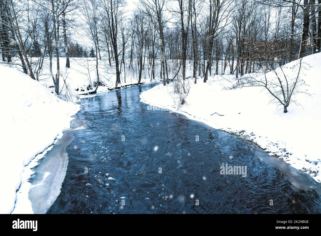 Winter forest river landscape in snow nature Stock Photo
