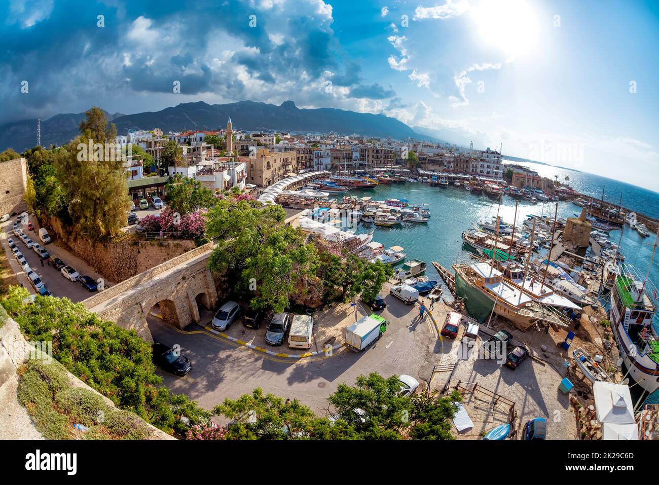 Historic harbour and the old town in Kyrenia (Girne) on the Northern Coast of Cyprus Stock Photo