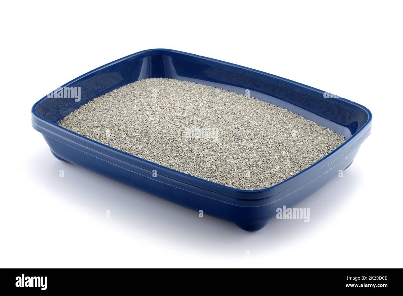 A blue cat litter tray with clumping litter isolated on white Stock Photo